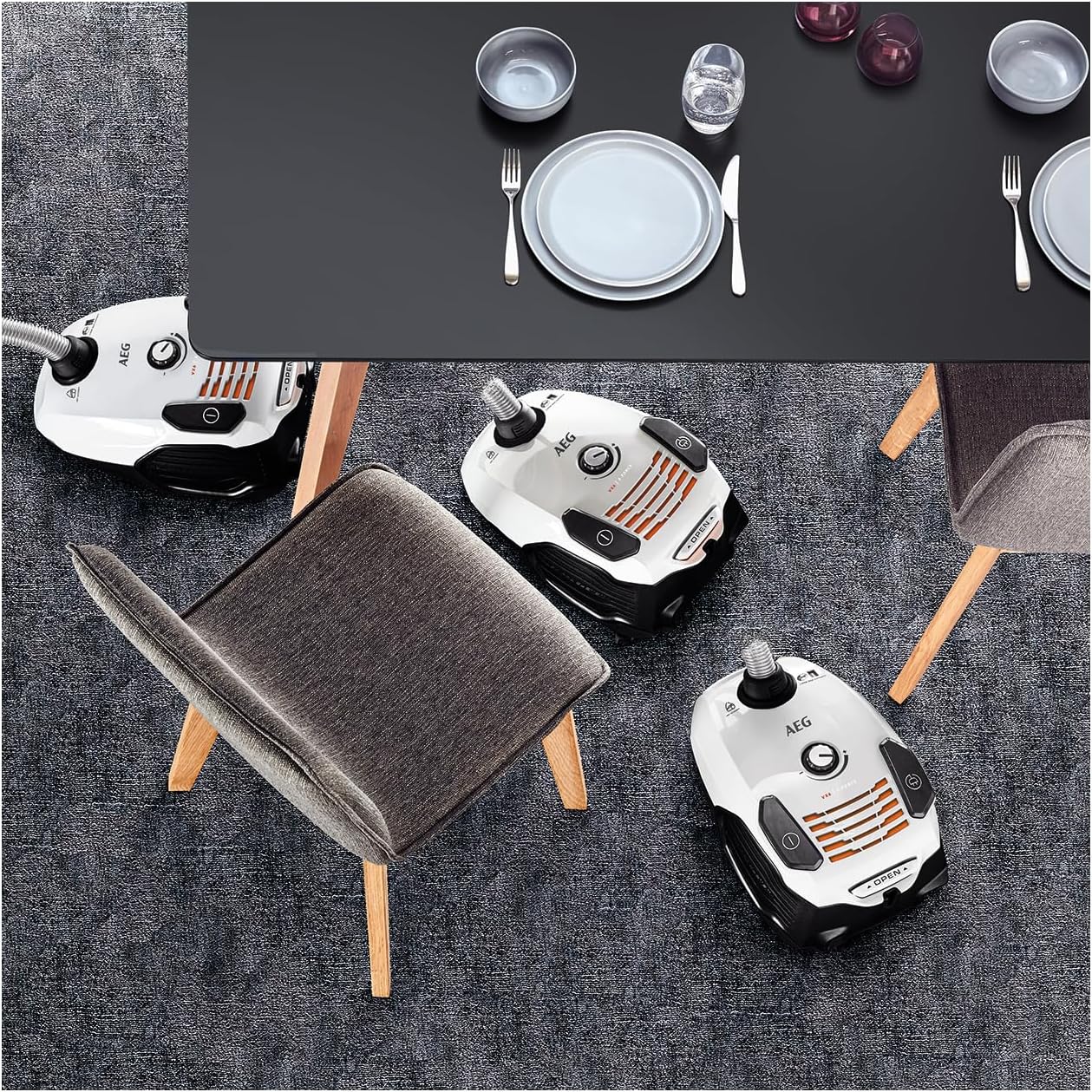 AEG VX6-2-IW-5 vacuum cleaner with bag, 360° rotating wheels, extra nozzles and dust bags, for hard and carpeted mats, 800 watts, 9 m range of action, ergo handle, new technical version/white