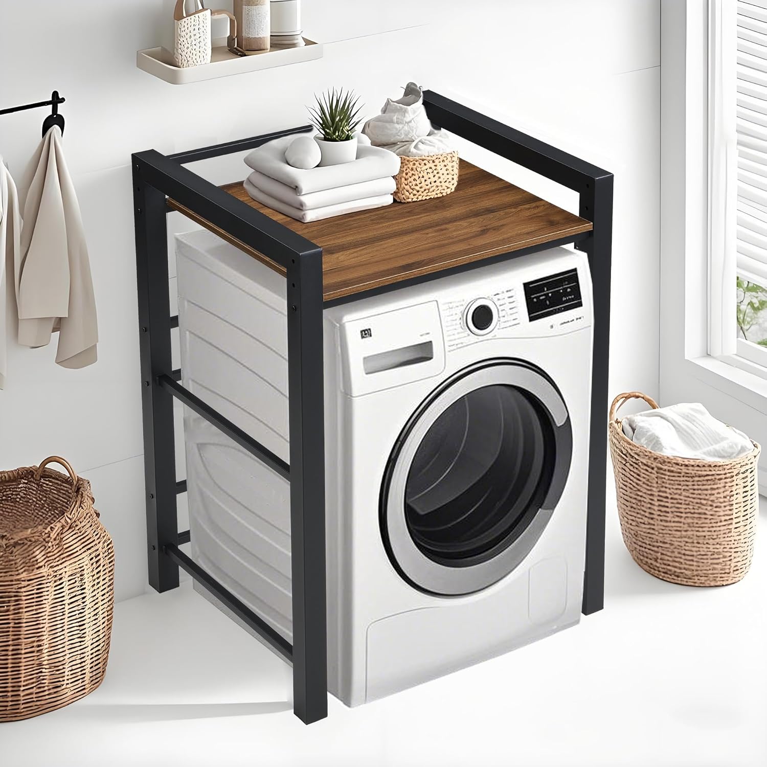 Washer Dryer Stacking Rack Stand, Heavy Duty Steel Standing Storage Shelf Washing Machine Shelf, Over The Washer and Dryer Shelves Space Saving, Load Capacity 300kg, for Bathroom Laundry Room (black)