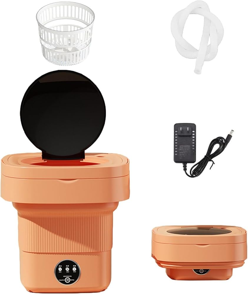 Portable Mini Washing Machine - Compact & Foldable Washer with Drain Basket for Apartment, Efficient Laundry Solution (Orange)