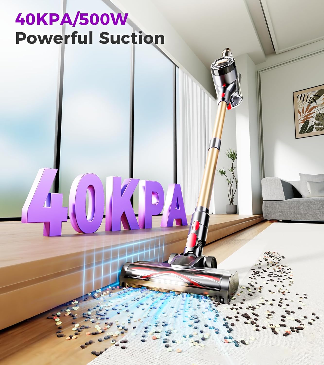 Cordless Vacuum Cleaner, 500W 40Kpa 60Mins Vacuum Cleaners for Home, Anti-tangle Stick Vacuum with Self-Standing, Wall Mount Charging, LDE Display, Wireless Vacuum for Carpet Pet Hair Hardfloor