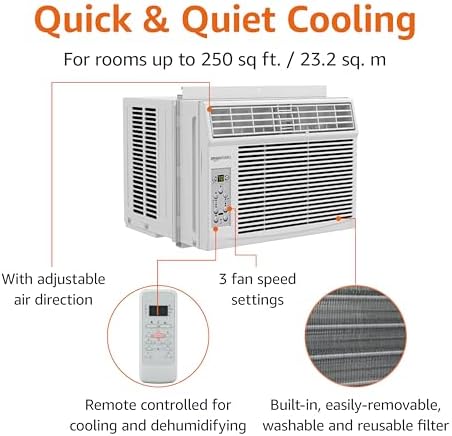 Amazon Basics 6000-BTU Window Air Conditioner, Up to 250 Sqf, Window AC Units with Cool and Fan Functions, Washable Filter, Adjustable Window Kit, Digital Temperature Display, Remote Control, White