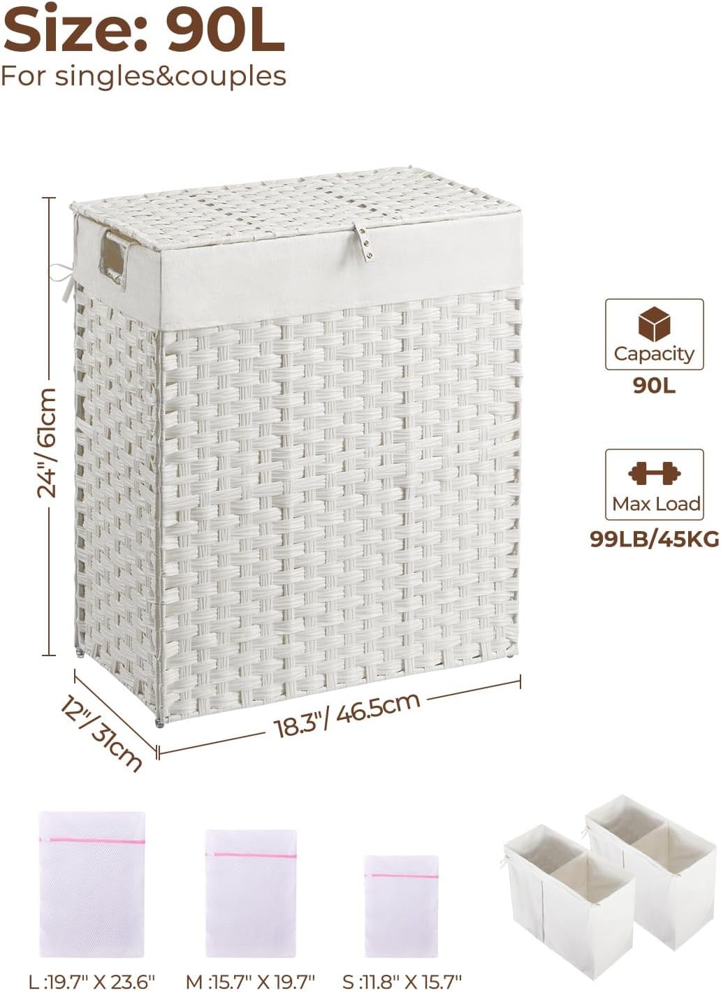 Greenstell Laundry Hamper with 2 Removable Liner Bags，90L Divided Clothes Hamper, Handwoven Synthetic Rattan Foldable Laundry Basket with Lid and Handles White (18.5 x 13.3 x 24.0Inches)