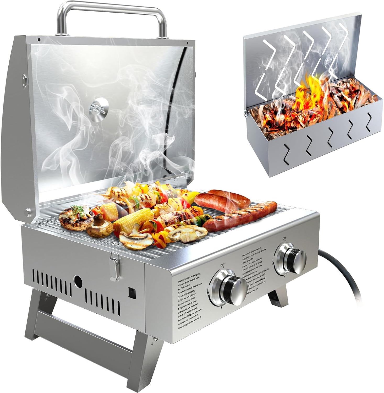 Portable Propane Gas Grill+ Grill Smoker Box, Camping Essentials for Picnic, Hiking, Beach and Travel