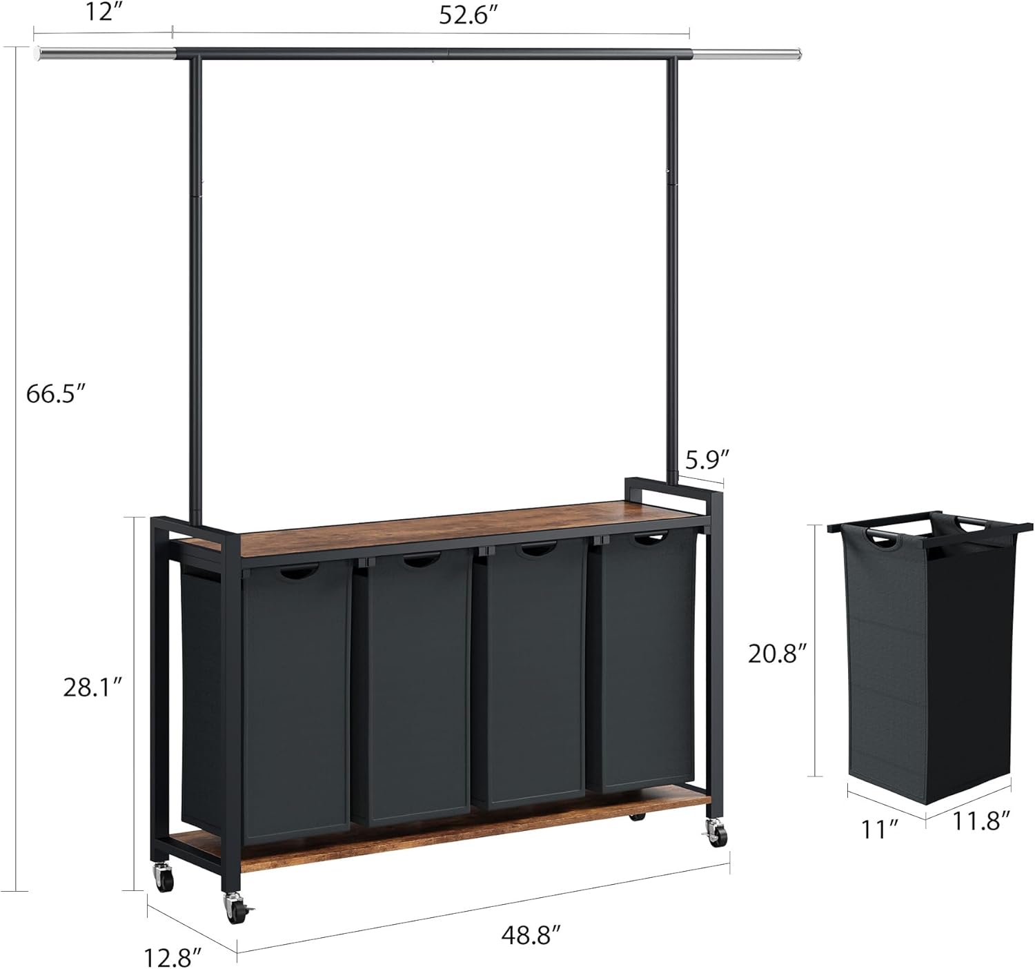 GarveeHome Rolling Laundry Cart with Hanging Rack & Utility Shelf | 4-Section Laundry Sorter Hamper with Lockable Wheels | Laundry Basket Organizer for Laundry Room, Bedroom, Bathroom | Black