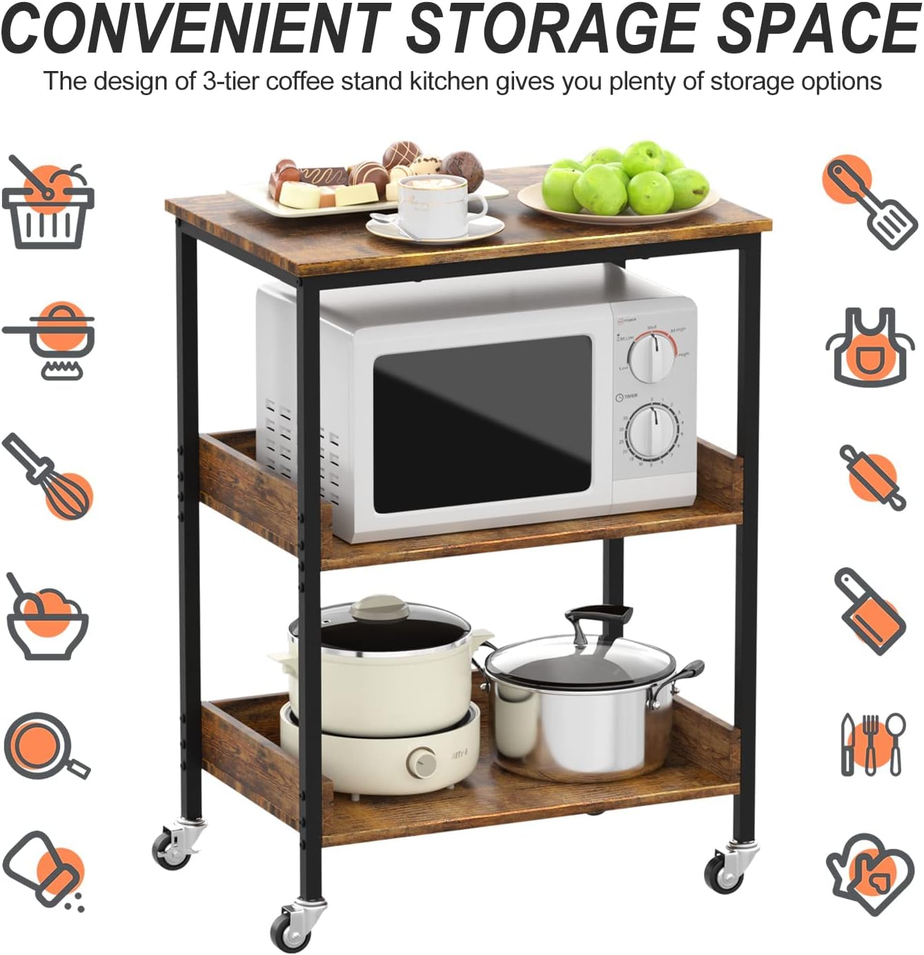 ASTARTH Kitchen Microwave Cart, 3 Tier Rolling Utility Cart on Wheels Coffee Cart, Storage Islands for Living and Kitchen Room