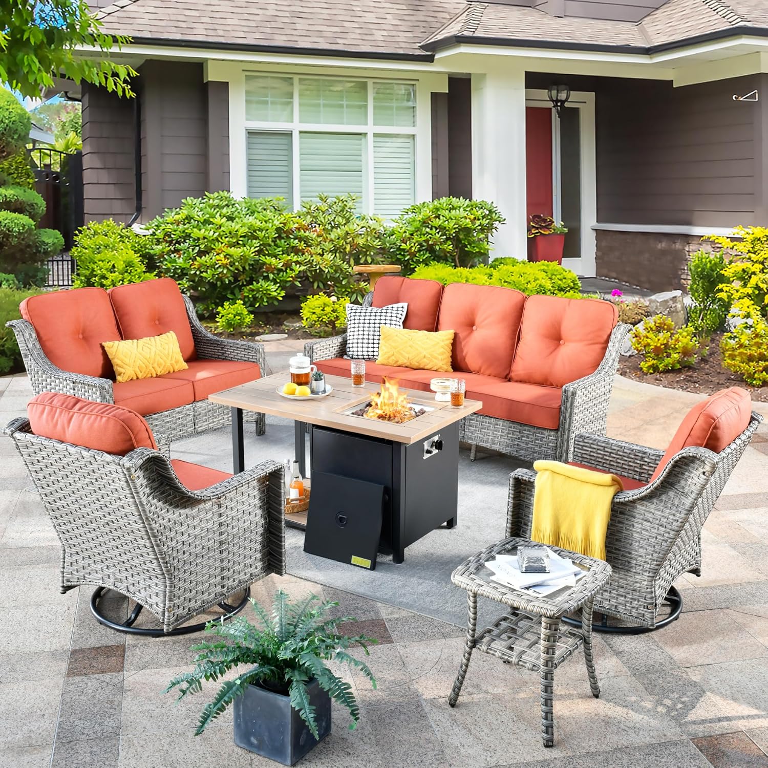 Patio Furniture Set,6 Pieces Wicker Patio Furnitures with Outdoor Loveseat,Double-Deck Fire Pit Table,Swivel Rocking Chairs,All Weather Patio Conversation Sets,Bold Orange