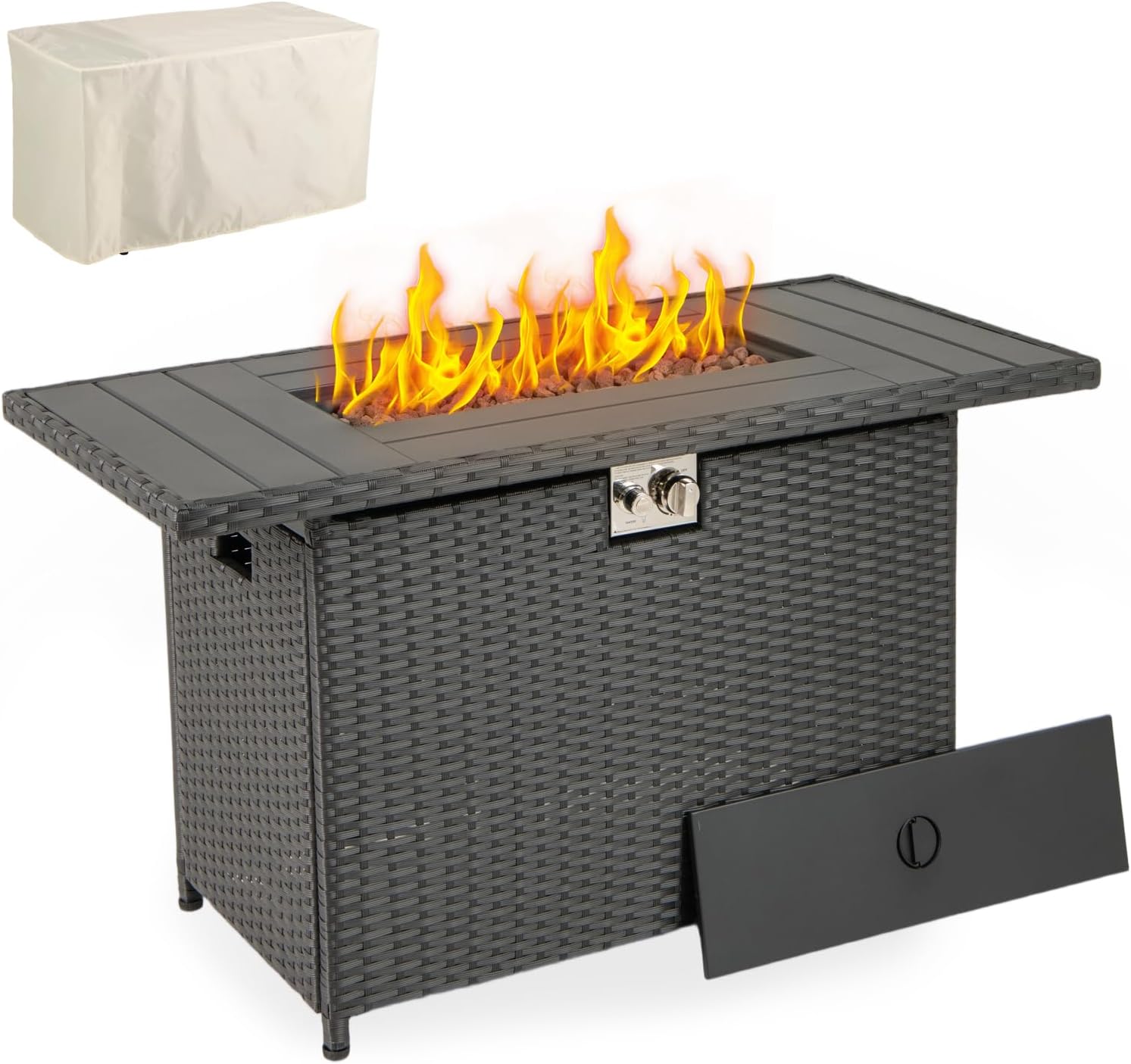 Tangkula 44.5 Inch Propane Fire Pit Table, Outdoor Rattan Gas Firepit with Metal Slatted Tabletop & Stainless Steel Burner, Rectangle Fire Pit with Lava Rocks & Protective Cover for Outside Patio