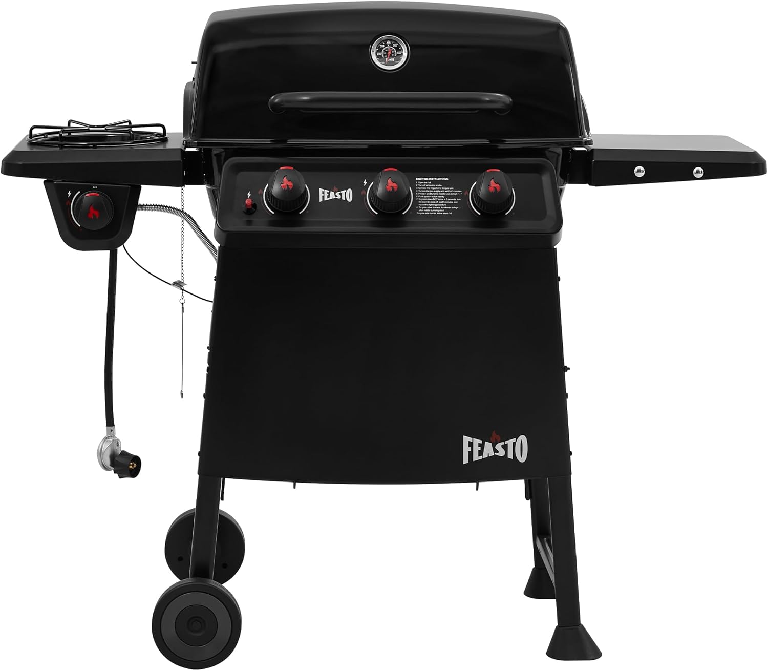 3 Burner Propane Gas Grill with Side Burner, Porcelain-Enamel Main Body and Lid, Propane BBQ Grill with 38,000 BTUs Output & Side Table for Patio, Backyard, Poolside Gatherings