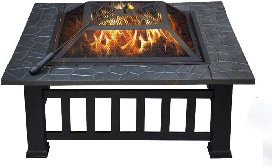 Fire Pit,Portable Courtyard Metal Fire Bowl quare Table Backyard Patio Garden Stove Wood Burning Fire Pit with Spark Screen, Log Poker and Cover