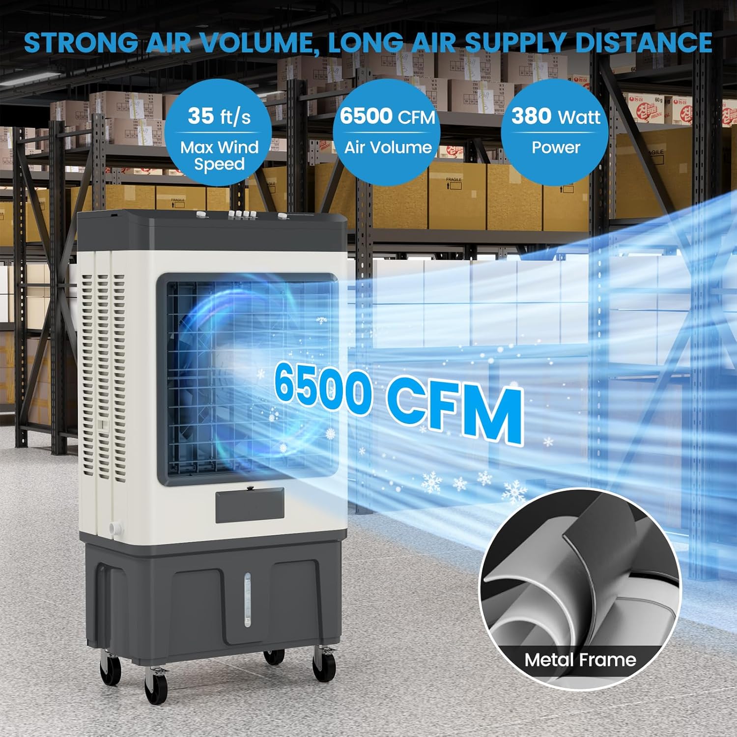 Zynkez 19Gal Large Swamp Cooler, 6500 CFM Evaporative Air Cooler for Outdoor with 3-Speed, 8 Ice Packs, 120° Oscillating Portable Swamp Cooler Air Conditioner for Garage, Patio, Yard, Factory