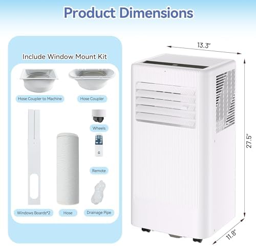 Portable Air Conditioner with Cooling, Dehumidifier and Fan Functions, Standing Cooling, 8000 BTU, Cools Up to 420 Sq. Ft., Remote Control, LED Display, and Window Venting Kit Included