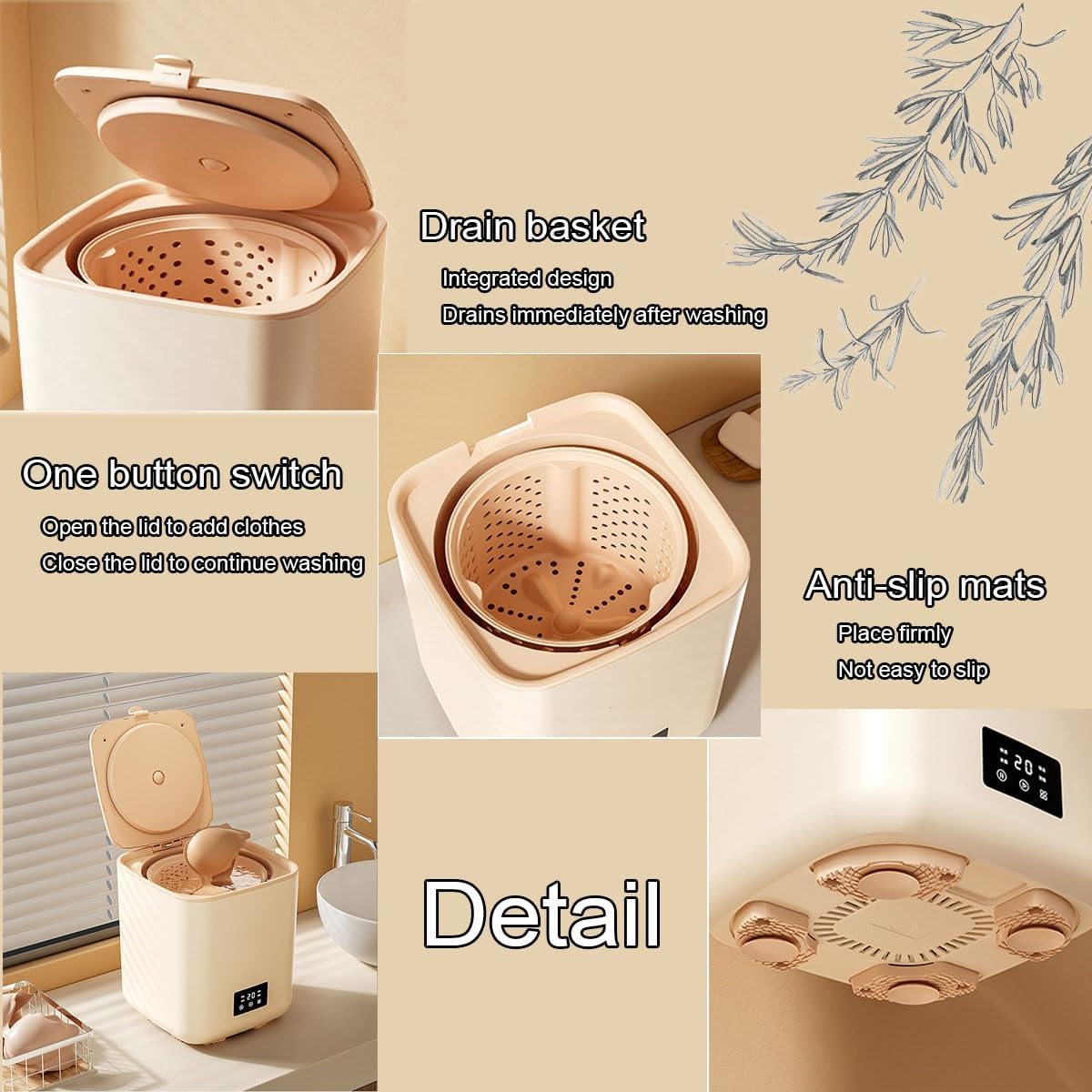 Mini Portable Washing Machine 11X11X12in Space Saver 2 In 1 Camping Washers For Home, Dorm, Apartment, RV, Travel, Outdoor Use Convenience And Efficiency(Beige)