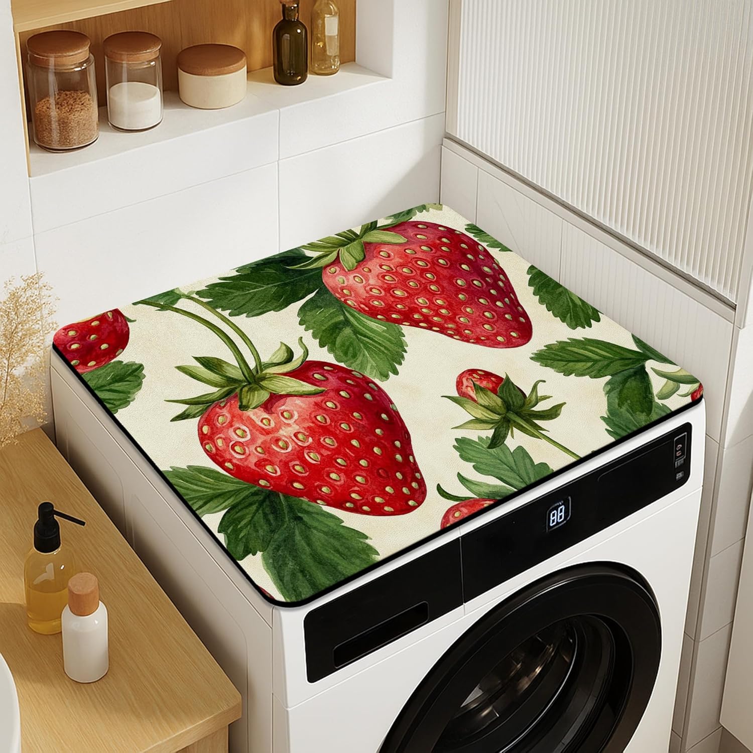 Strawberry Washer Dryer Top Protector Mat, Vintage Botanical Laundry Machine Dust Covers, Summer Rubber Anti-slip Waterproof Washer And Dryer Mats for Laundry Room 20x24 Inch