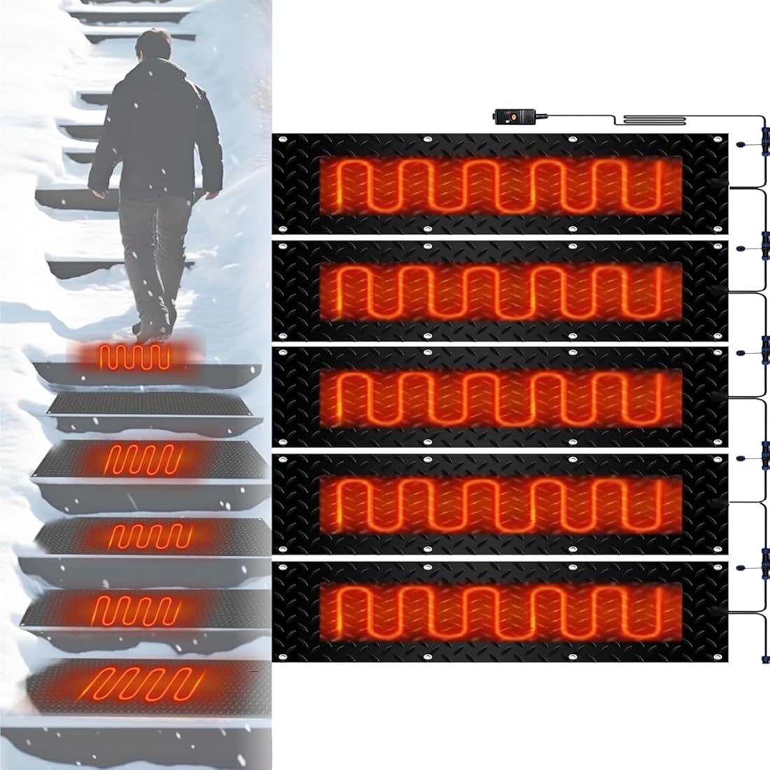 Heated Snow Melting Mats for Entrances, Non-Slip De-Icing Mats for Decks, Heated Outdoor Walkway Mat Heated Driveway Pad, Winter Removal and Ice Melt Products for Stairs, Steps(5 Pcs,10in*48in/25.4cm*