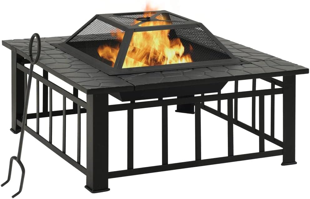 vidaXL Garden Fire Pit Set - XXL Black Steel Fire Pit with Poker and Mesh Cover, Heat Absorbing, Dual Purpose as Ice Bucket