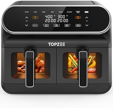 Topzee 8QT Dual Basket Air Fryer – Large 8-Quart Air Fryer with Independent Temperature Control, 8 Preset Functions, Match & Finish Together Mode, Clear Viewing Windows, Black