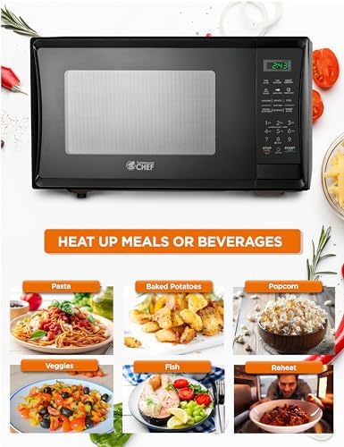COMMERCIAL CHEF 1.1 Cu Ft Microwave with 10 Power Levels, Microwave 1000W with Push Button Door Lock, Countertop Microwave with Microwave Turntable and Digital Controls, Black