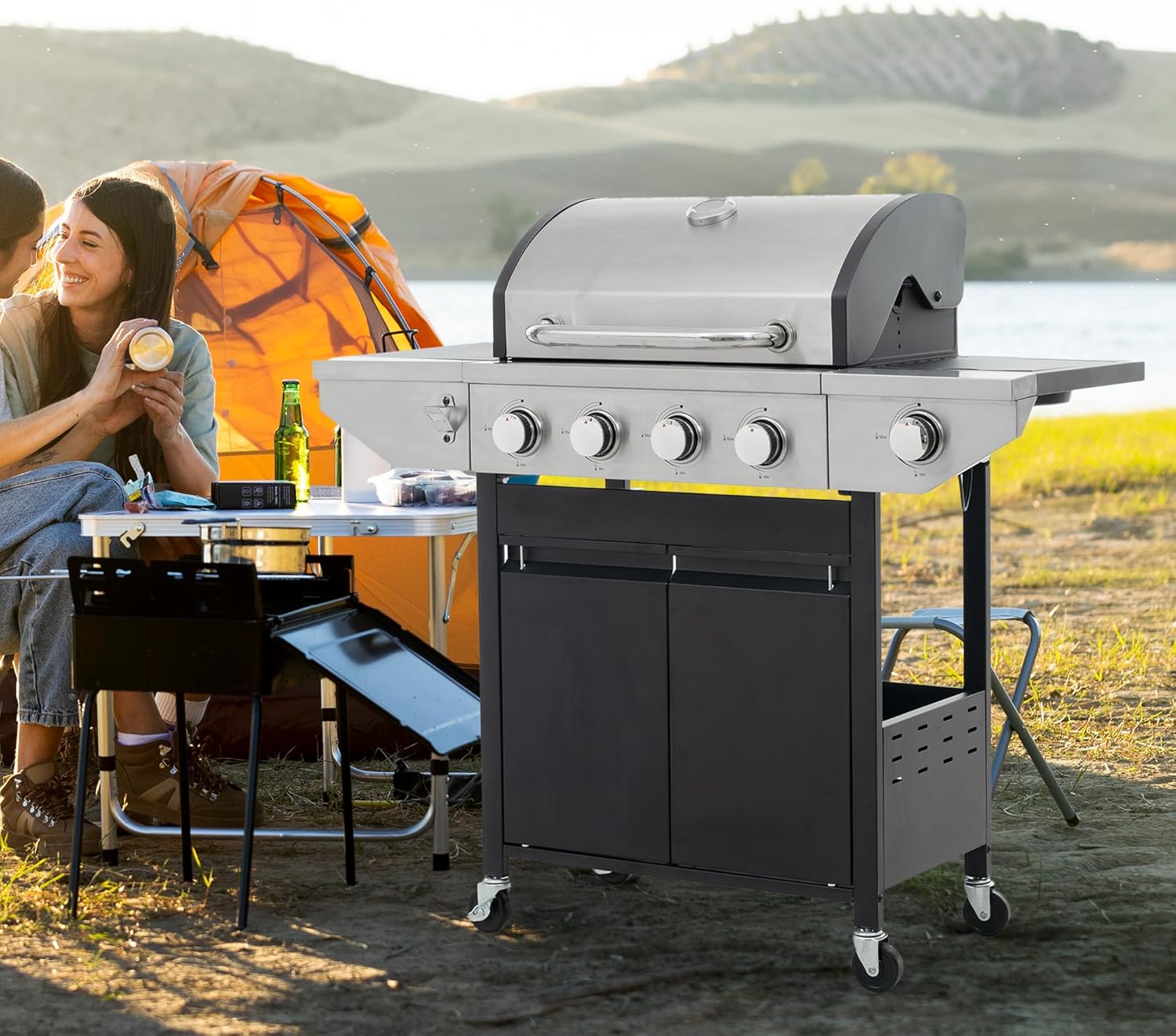 Propane Grill 4 Burner Barbecue Grill Stainless Steel Gas Grill with Side Burner, 46,500 BTU Outdoor Cooking, Patio, Garden Barbecue Grill, Black and Silver