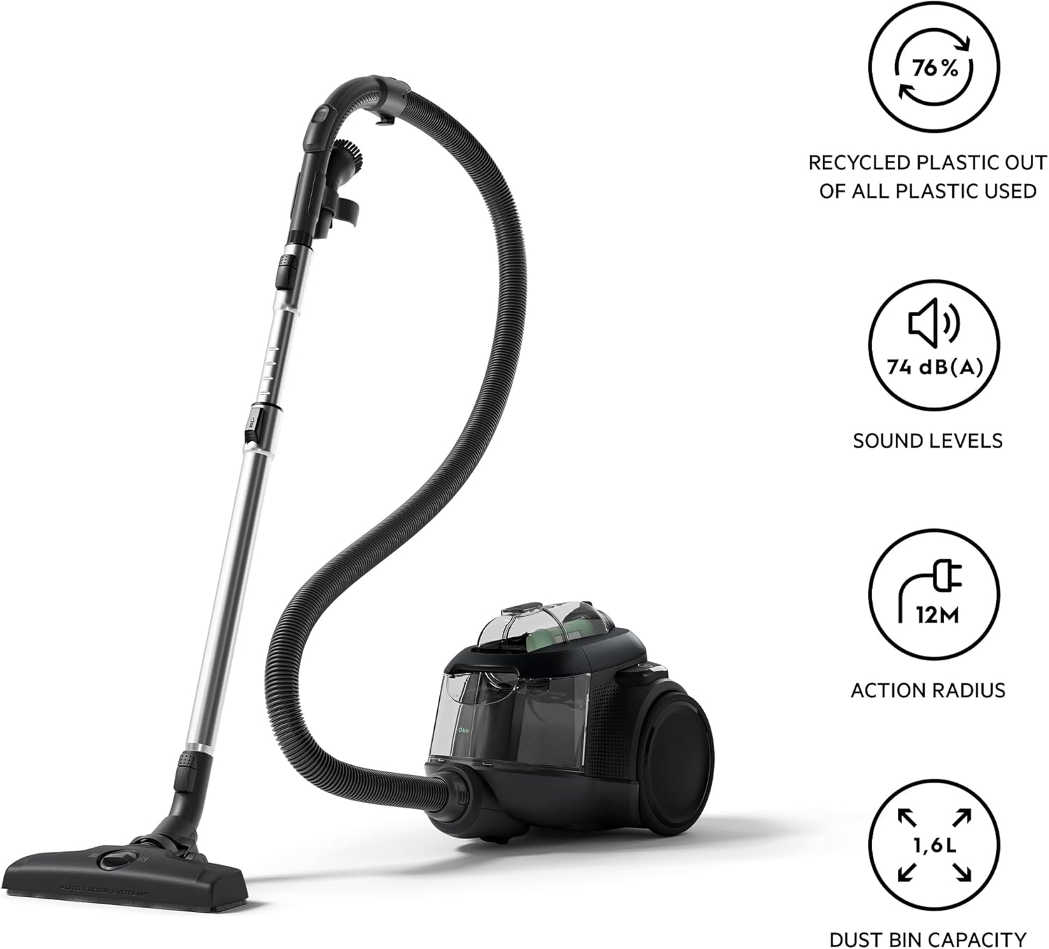 AEG 900258554 Bagless Vacuum Cleaner, 60% Recycled Material, 550 W, Additional Nozzles, Soft Wheels, 74 dB, 1.6 lt Reservoir, Black