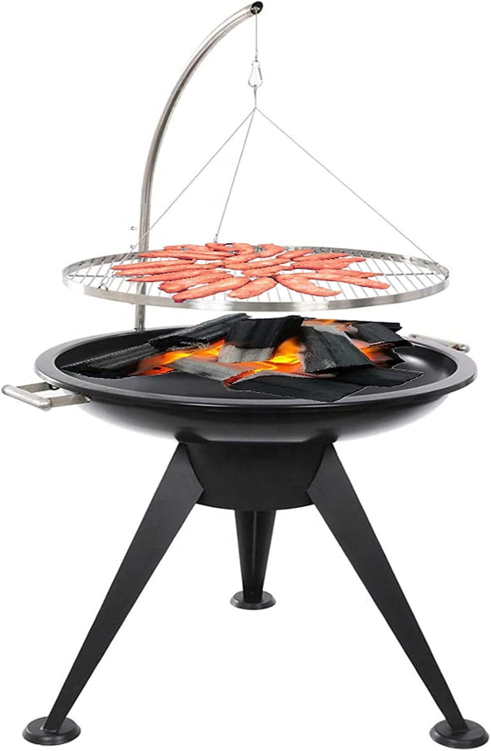 Patio Charcoal Tripod Hanging Grill, Camping Fire Pit, Portable Outdoor Height-Adjustable Tripod Heater for Campfire Cooking,60×60×130cm