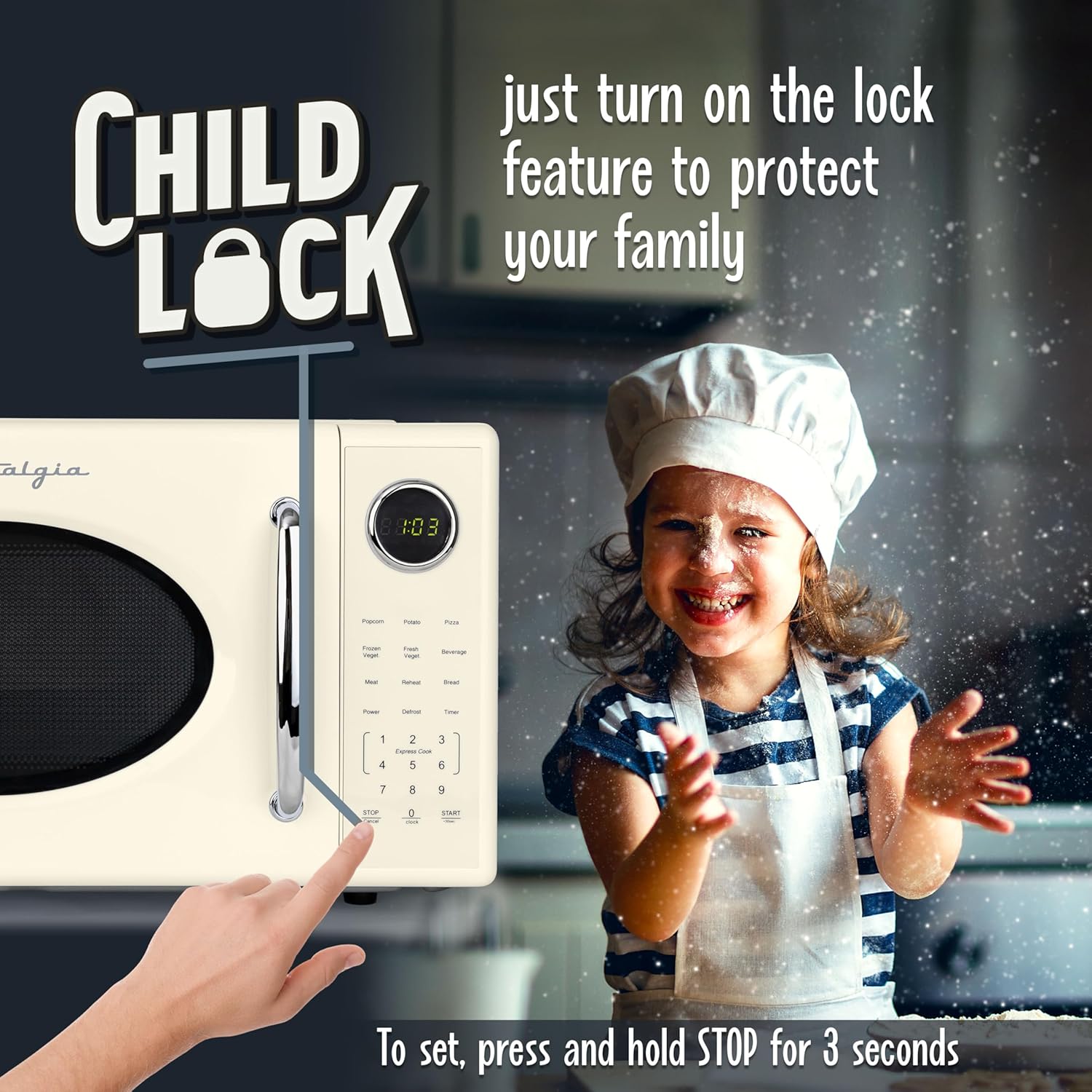 Nostalgia Retro 1000W Microwave Oven 1.1 Cu Ft Capacity – Child Safety Lock, 8 Auto-Cook Settings – Countertop Kitchen Appliance – Ivory