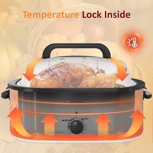 Sunvivi 24 Quart Electric Roaster Oven with Visible Self-Basting Lid, Turkey Roaster Oven with Removable Pan and Rack, Perfect for Large Meals and Holiday Feasts, White