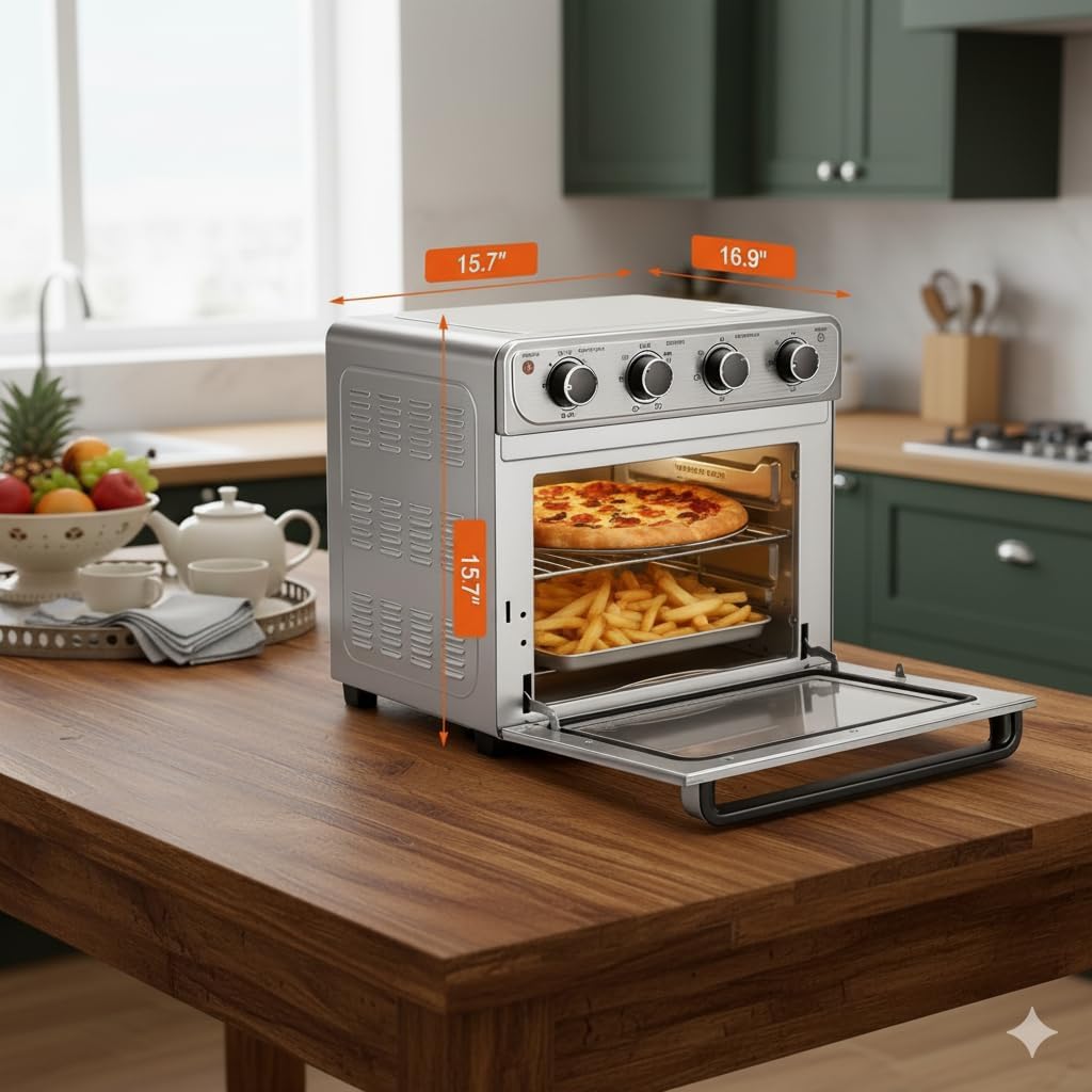 Simple Deluxe 26.4QT XL Air Fryer Toaster Oven Combo, 4-in-1 Countertop Convection Oven with Double Fan Technology, Includes Baking Pan & Fry Basket, Stainless Steel