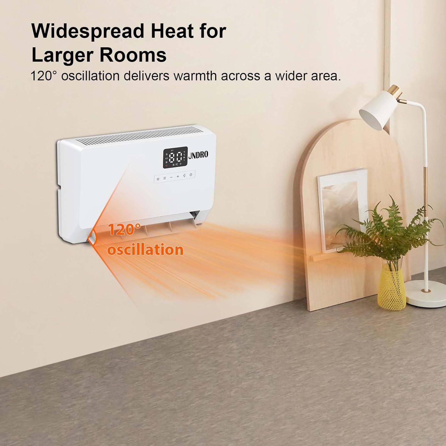 Wall-Mounted Space Heater with ECO Thermostat and Remote Control, LED Display, 60°/90°/120° Oscillation Modes, 24-Hour Timer, Indoor Electric Space Heater