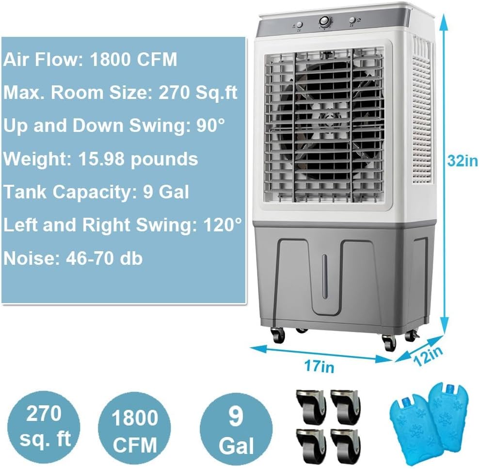 3-in-1 Evaporative Air Cooler, 9 Gal Water Tank Outdoor Air Conditioner, 120° Oscillation Swamp Cooler, 32inch Portable Cooling Fan For Indoor＆Outdoor