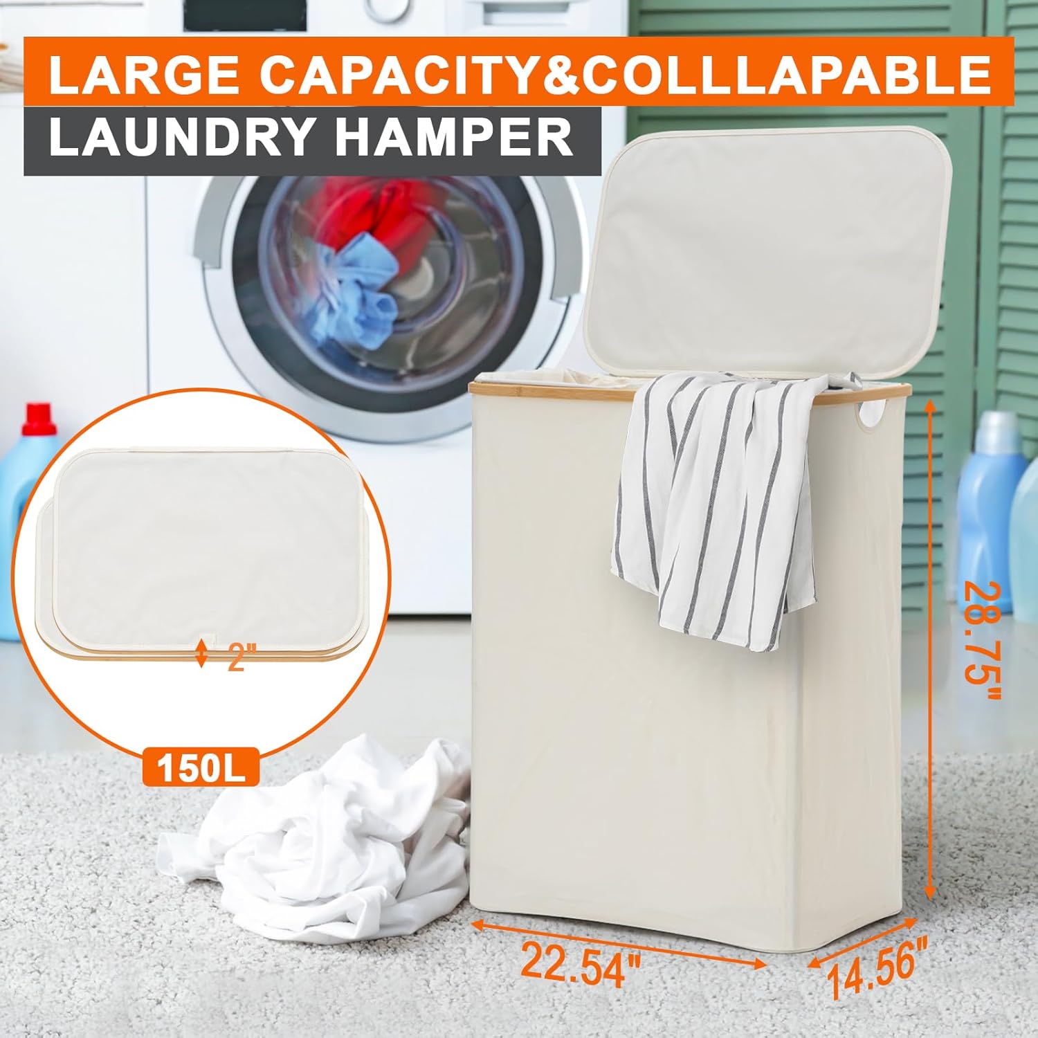 GARPROVM Double Laundry Hamper with Lid 150L Large Laundry Basket with Bamboo Handles Foldable Clothes Hampers with 2 Removable Liner Bags for Laundry for Bedroom Bathroom Dorm Laundry Room (Beige)