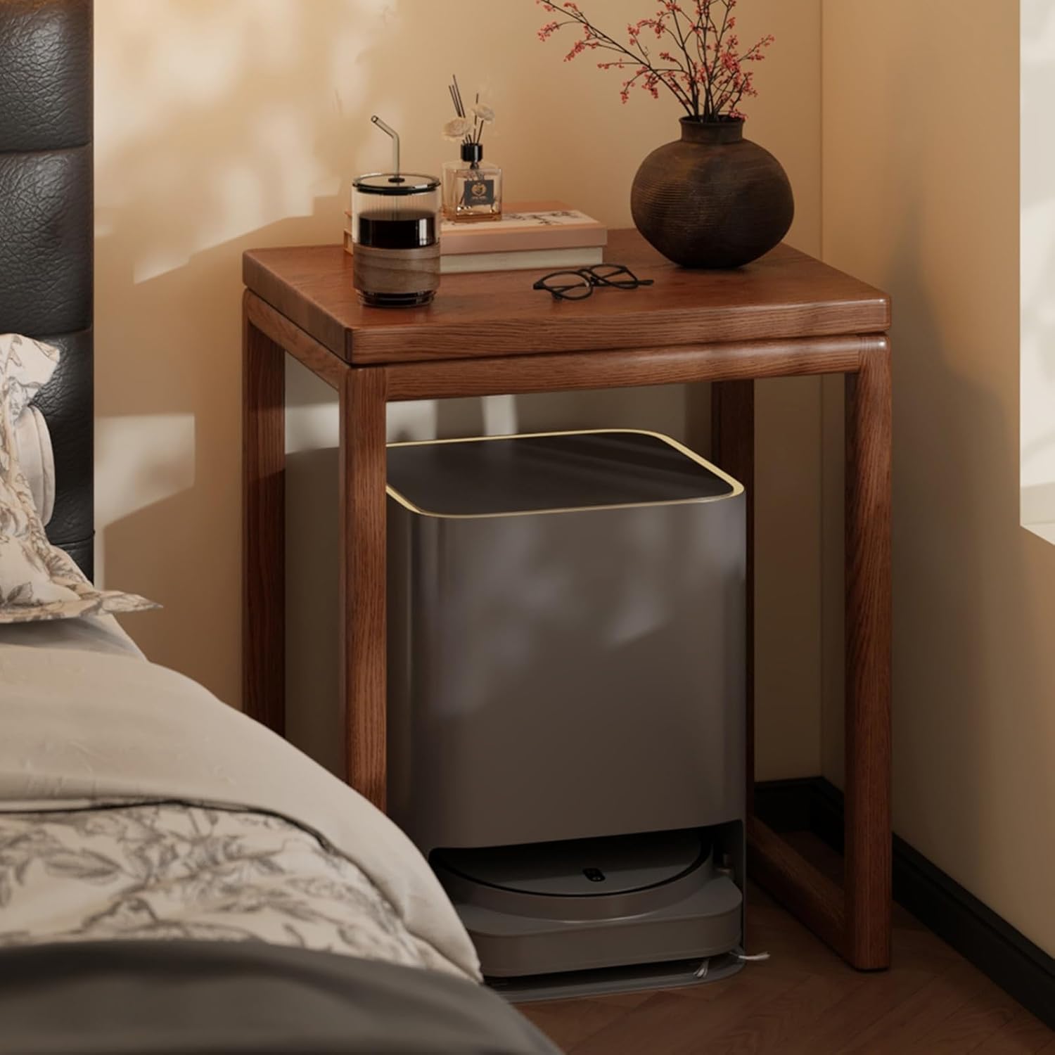 Vacuum Cleaner Storage Cabinet, Portable Wood Side Table Mobile End Table，Sweeping Robot Storage Table，Multi-Functional，for Living Room Home Furnishing Kitchen Scenario Use(Green)