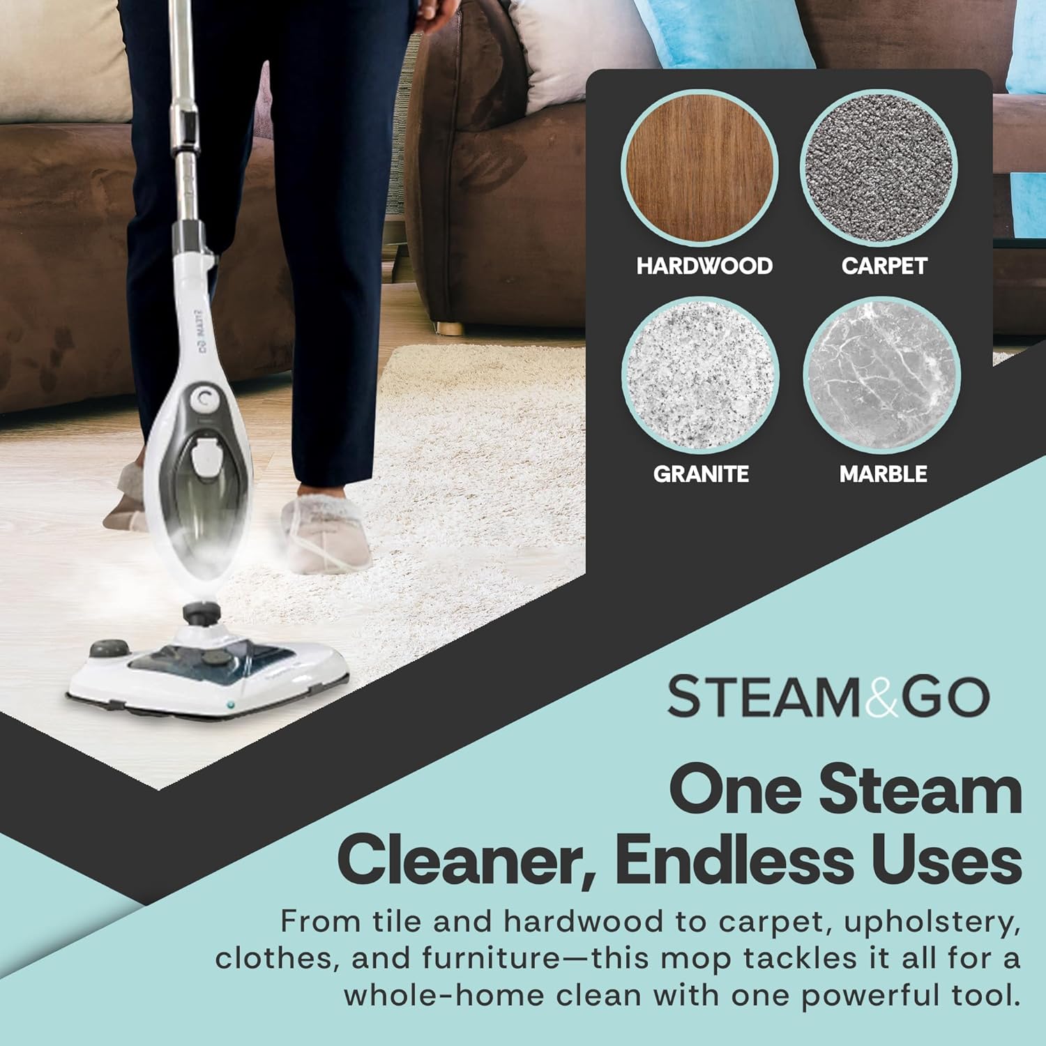 Steam and Go Steam Mop with Detachable Handle - 10-in-1 Chemical-Free Multi-Surface Steamer for Hardwood, Tile, Grout, Upholstery & Furniture