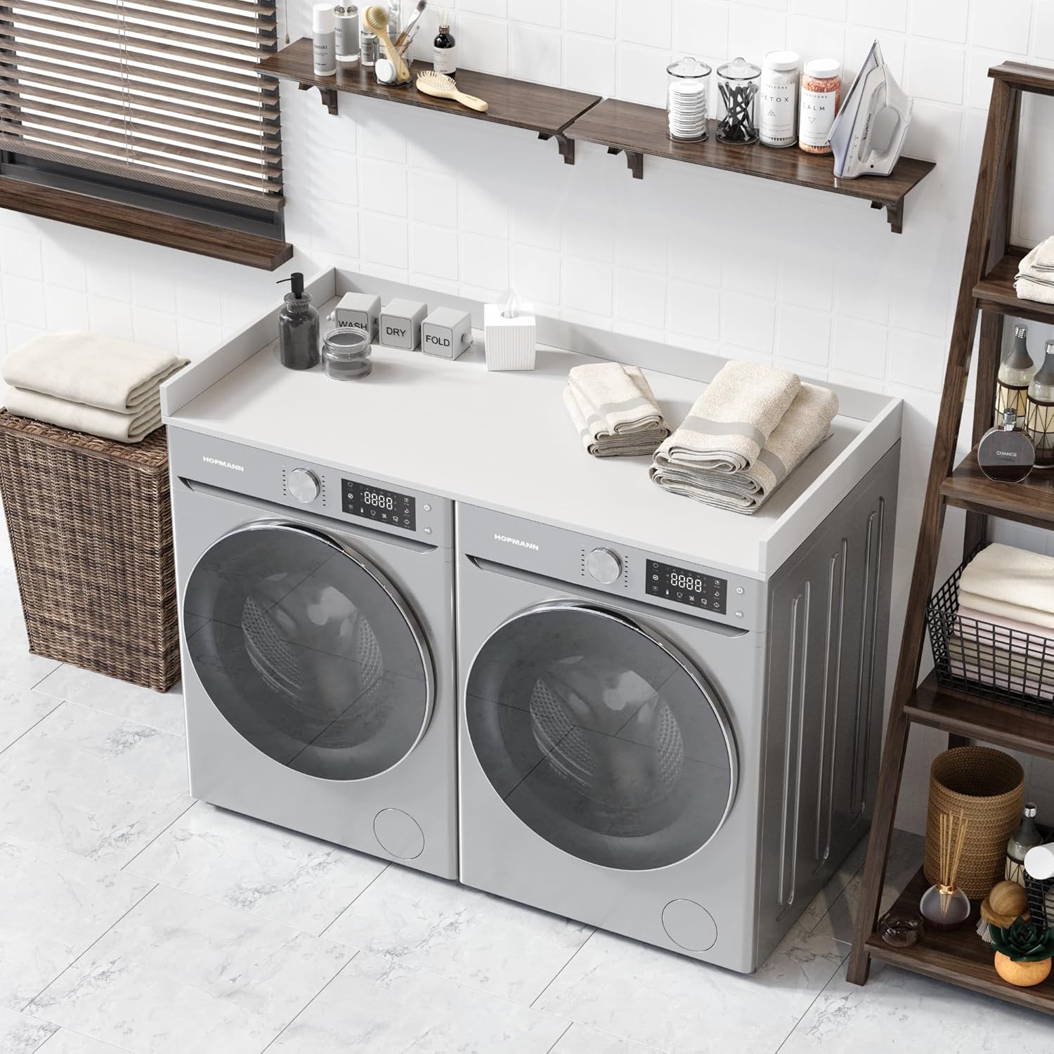 OfficeSimpli Washer Dryer Countertop, Made in USA, Non-Slip Pads, Easy Clean, Laundry Room Essentials and Decor, Washer Dryer Wood Top for Organization (Glacier White, Standard (27.5