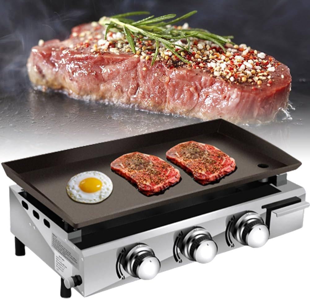 Portable Gas Grill Propane Tabletop Grill 3 Burners Gas Griddle 23 Inch Flat Top Grill for Outdoor Cooking While Party, Picnicking Or Camping，670x414x190mm