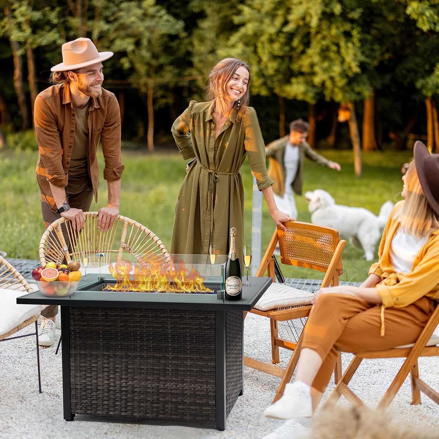 Outdoor Fire Pit 50,000 BTU Propane Gas Fire Table with Lid Fireplace with Glass Wind Guard Wicker Base for Garden, Patio, Backyard, 44