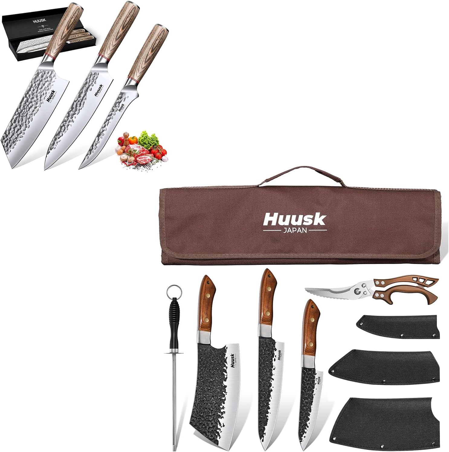Huusk Butcher Knife Set of 5 Bundle with Japanese Kitchen Knife Set of 3