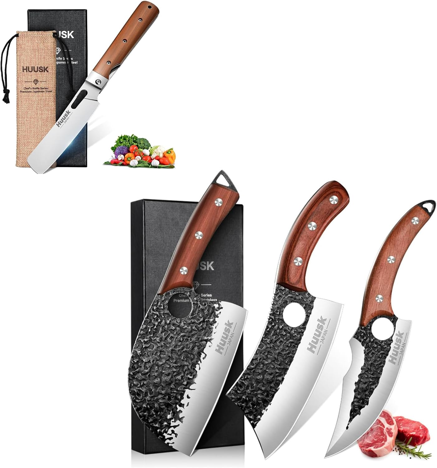 Huusk Japanese Folding Chef Knife with Butcher Knife Set 440C Stainless Steel Hand Forged Serbian Chef Knife Viking Boning Knife Cleaver Knife 3PCS