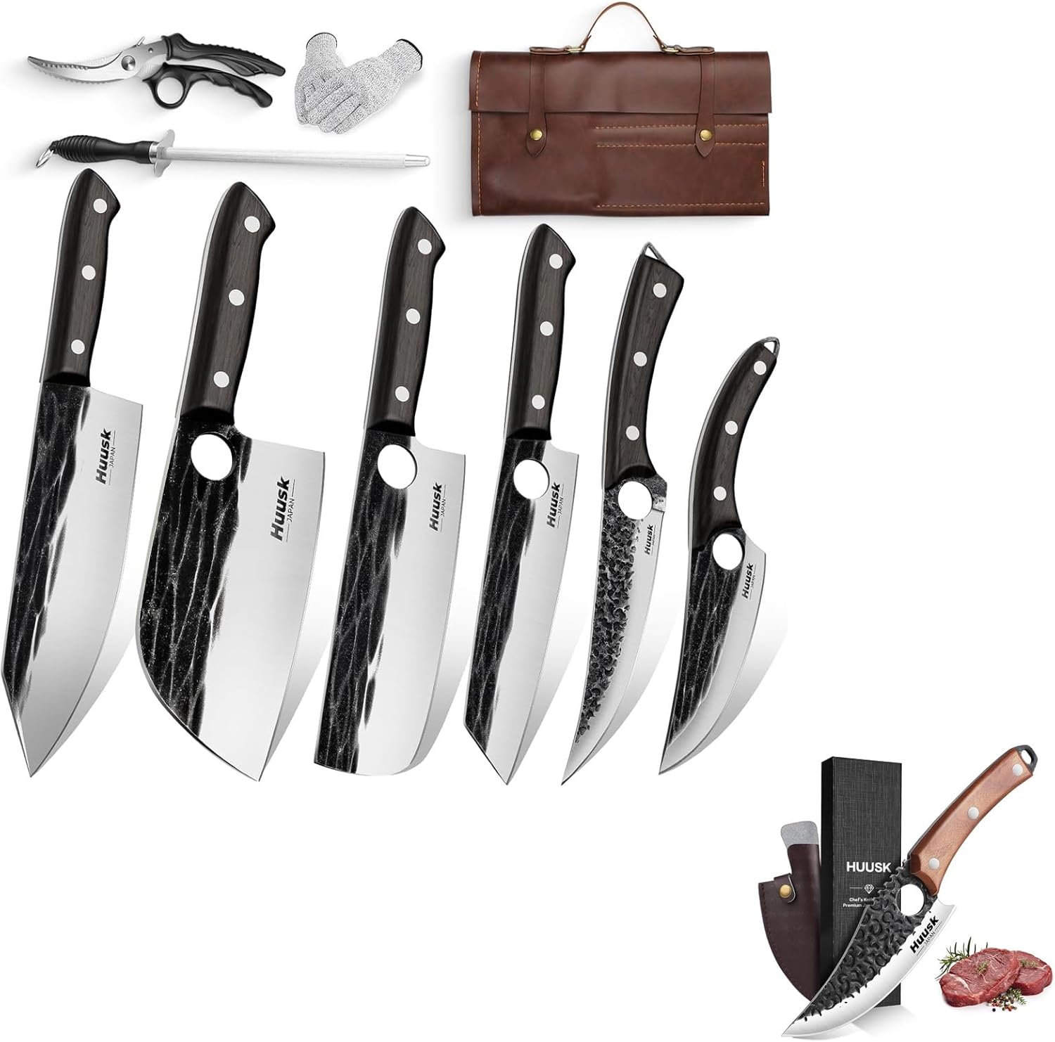 Huusk Knives Set Serbian Chef Knife Set with Bag Hand Forged Kitchen Knife Set Japanese