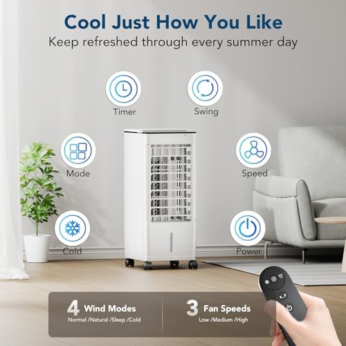 Windowless Portable Air Conditioners with Remote, Ventless Ac Unit Ductless Air Cooler,Hoseless Quiet Evaporative Oscillating Swamp Cooler,12H Timer & 4 Ice Box for Room Indoor Outdoor Office Bedroom