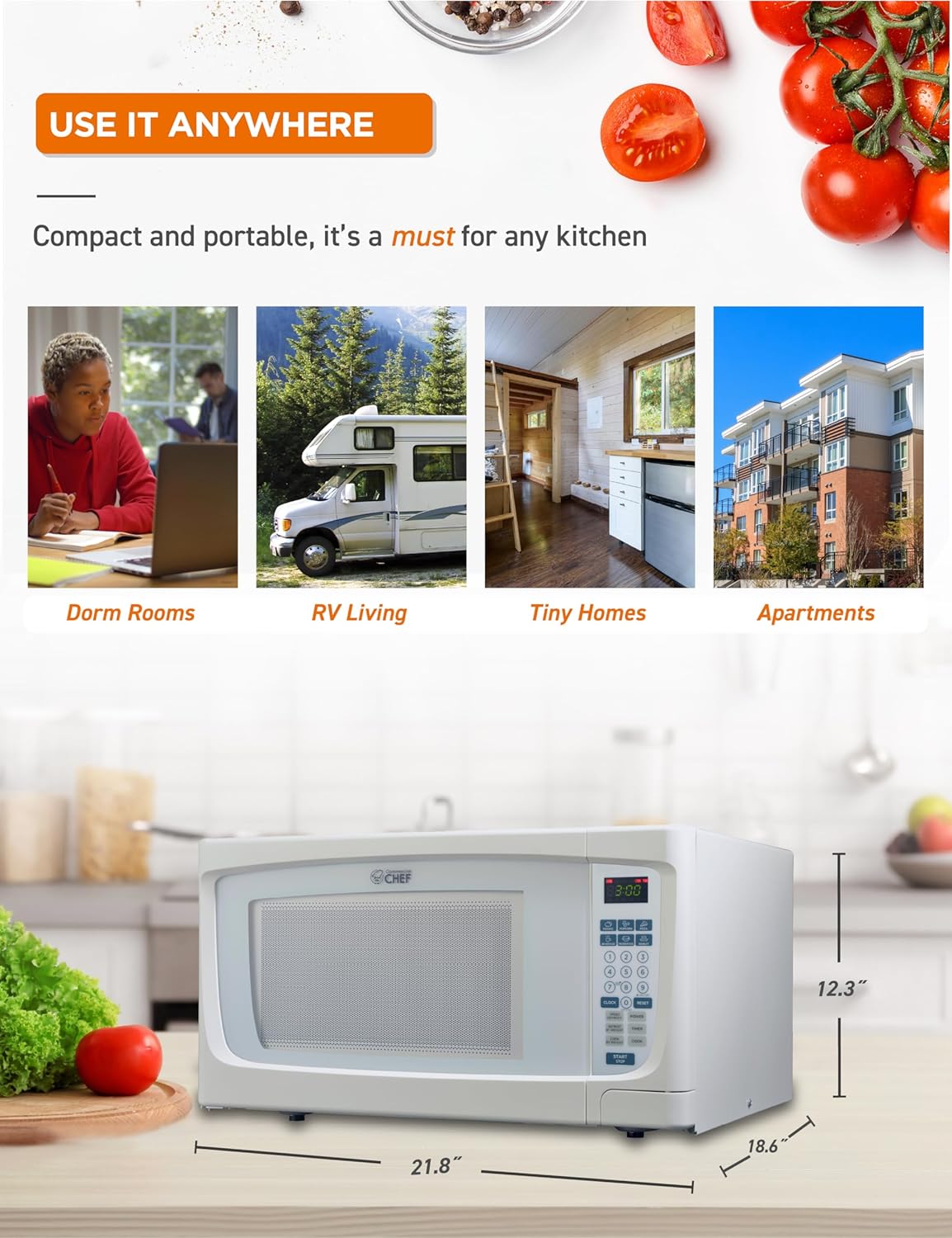 COMMERCIAL CHEF 1.6 Cubic Foot Microwave with 10 Power Levels, Small Microwave with Push Button, 1000 Watt Microwave with Digital Control Panels, Countertop Microwave with Timer, White