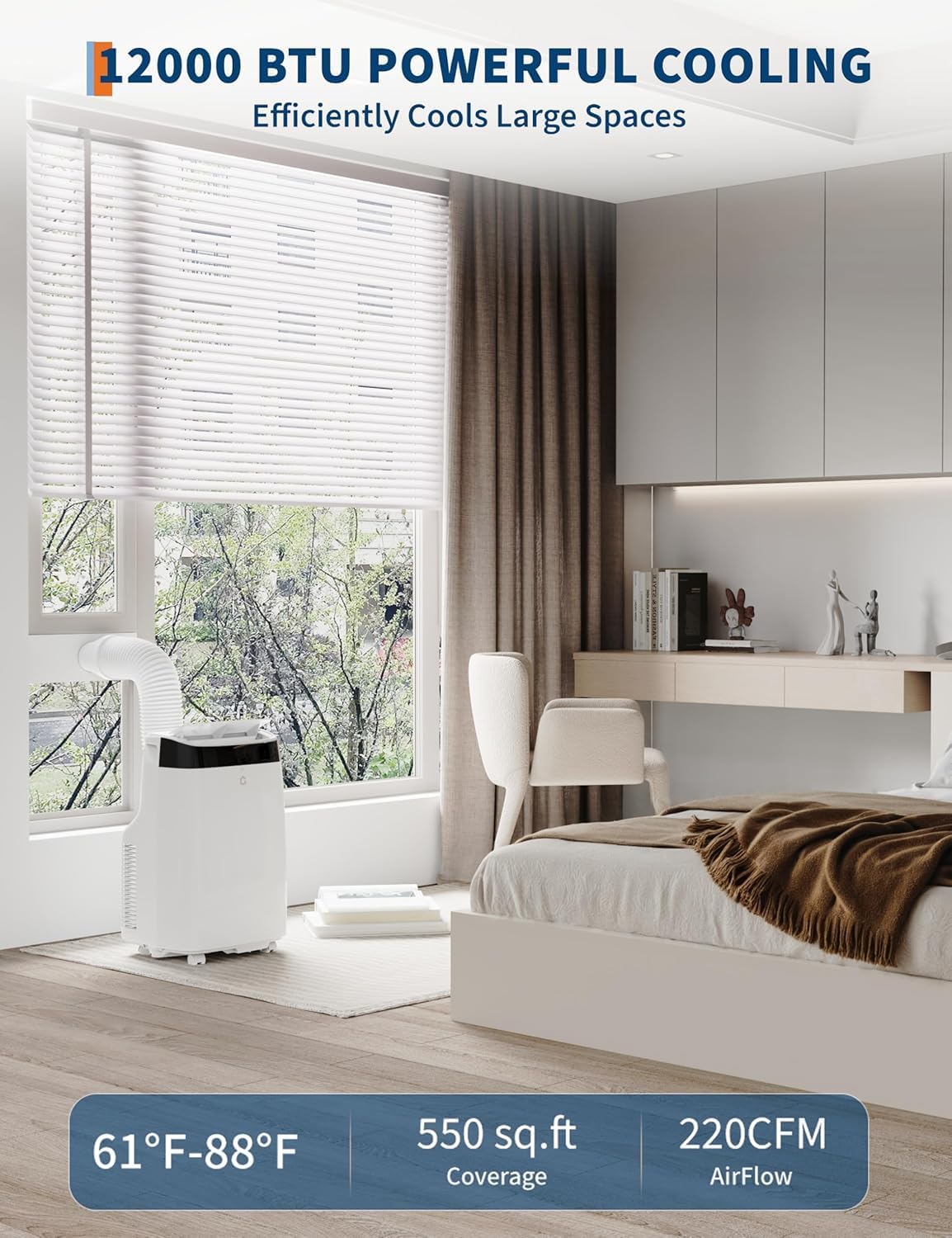 12,000 BTU Portable Air Conditioner – Smart AC Units 3-in-1 Cooling, Dehumidifier & Fan Quiet 48dB Operation, Remote Control, 24H Timer for Rooms up to 550 sq.ft for Bedroom Living Rooms