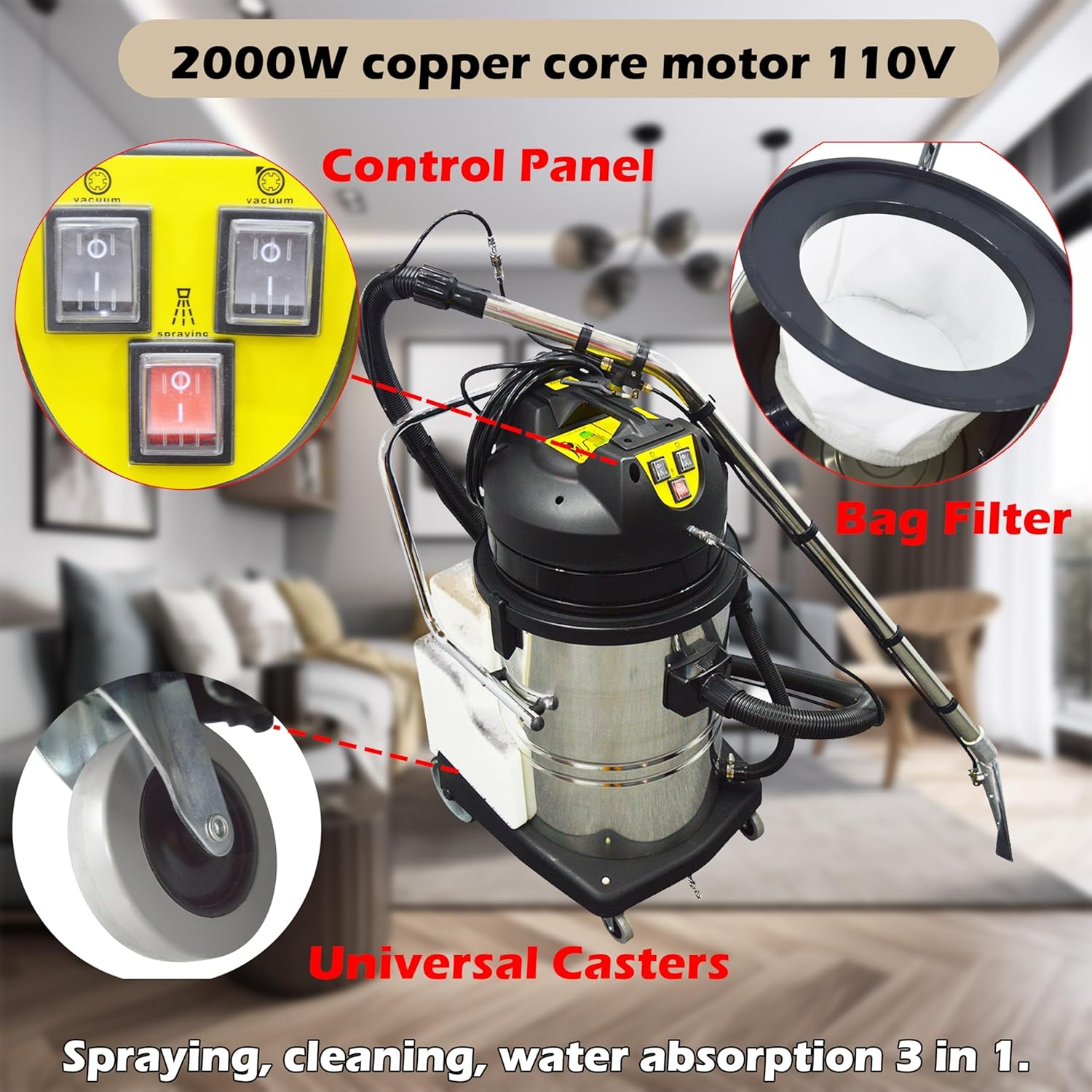110V Carpet Extractor Machine 3 in 1 Wet Dry Vacuum Cleaner 60L Portable Carpet Cleaning Machine for Home Commercial Use Carpet Cleaner 2000W