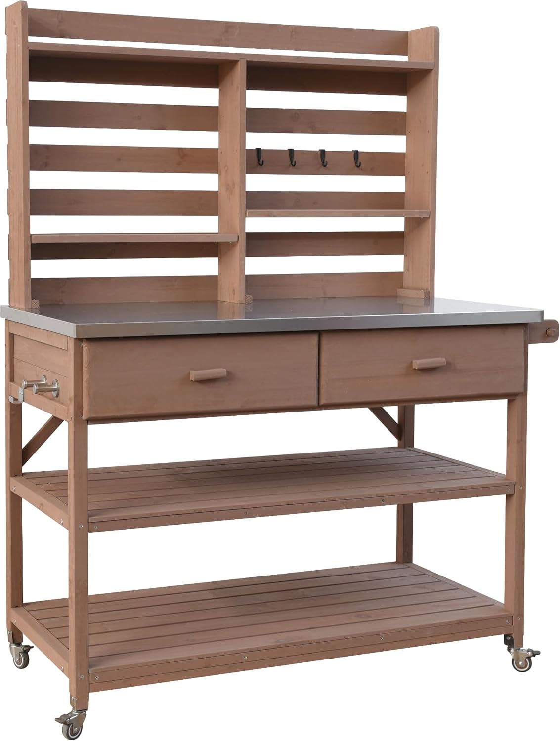 Outdoor Potting Bench Table with Lockable Wheels,Outdoor Kitchen Island with Stainless Steel Top,Upper Hutch with Adjustable Shelves,Hooks,Drawers,Propane Tank Rack for Garden Cooking (Brown)
