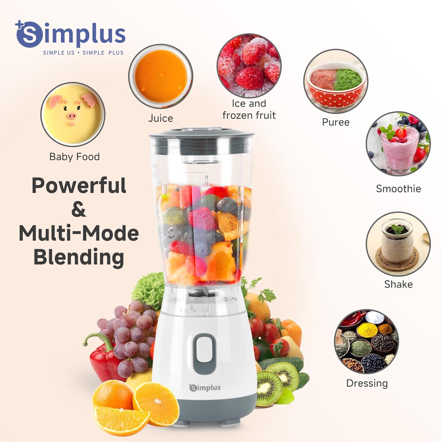 SIMPLUS Blender for Smoothies, 20 Oz BPA-Free Portable Small Blenders for Kitchen, Mini Juicer for Shakes, Protein Drinks, Baby Food, 300 Watts Blender & Food Processor, Stainless Steel Cutter, Grey