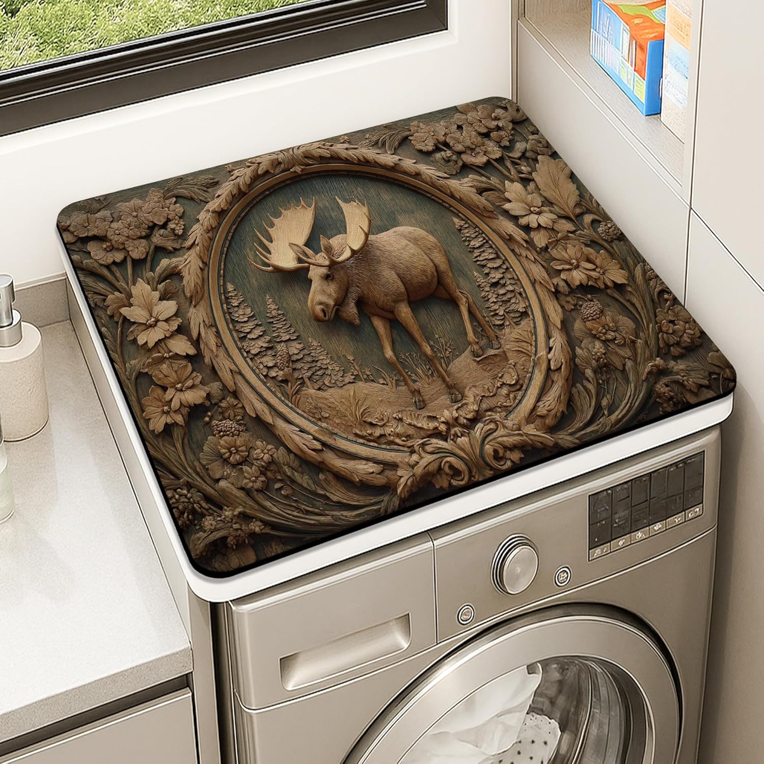 Moose Washer Dryer Top Protector Mat, Rustic Wood Carving Laundry Machine Dust Covers, Nature-Inspired Rubber Anti-slip Waterproof Washer And Dryer Mats for Laundry Room 24x24 Inch