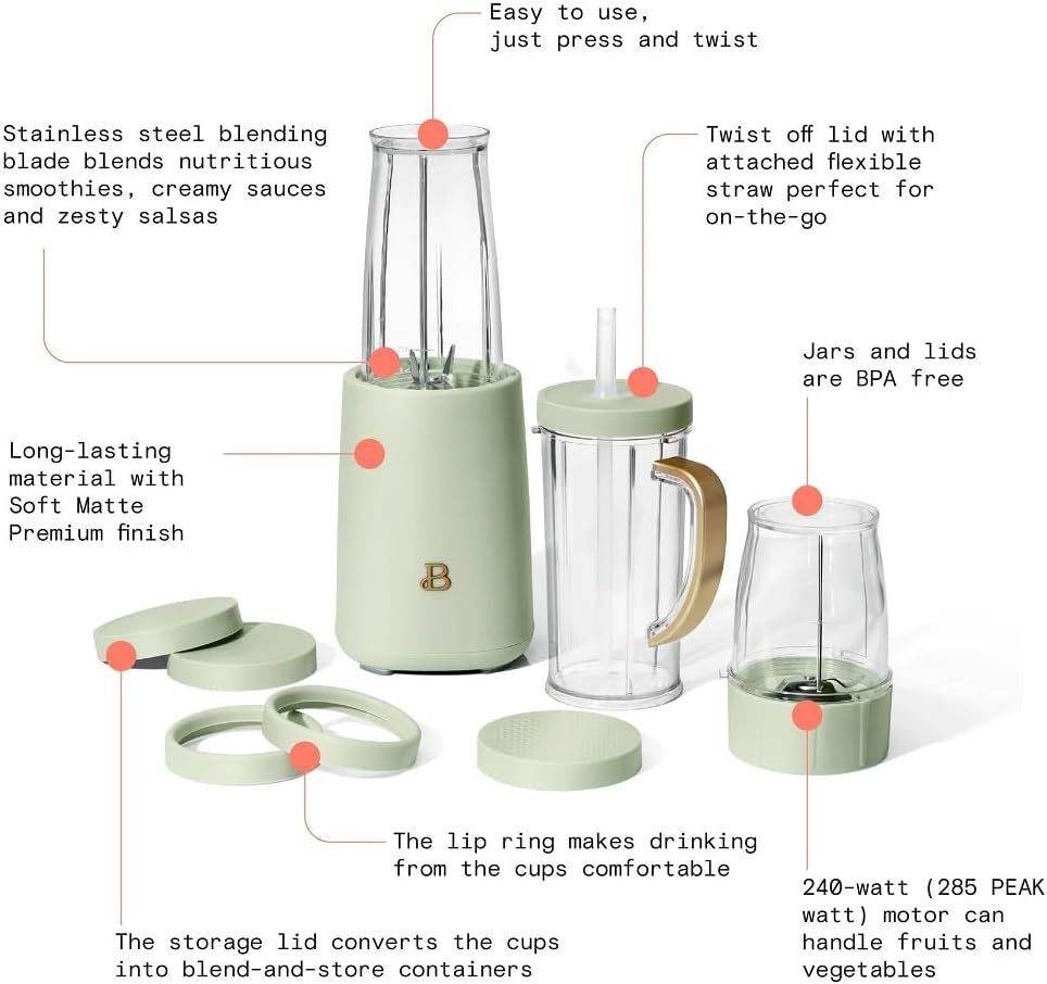 Beautiful Personal Blender Set with 12 Pieces, 240 W, Sage Green by Drew Barrymore