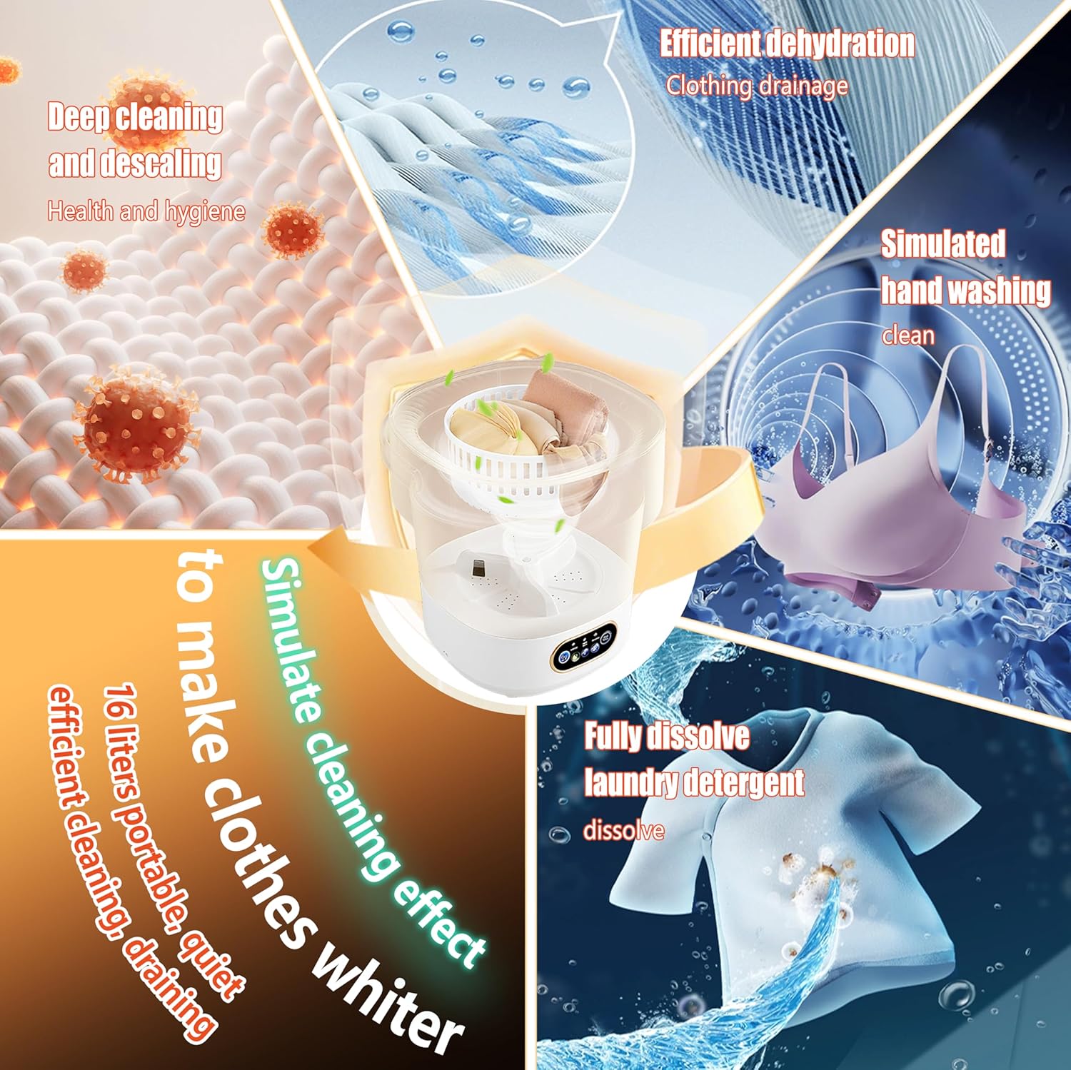 5.0 New Upgraded Portable Washing Machine 16L Mini Foldable Washer [SGS certified German high-efficiency motor] [Hidden UV-C cleaning]Foldable Design Ideal for Hotel, Home, Apartment and Campain