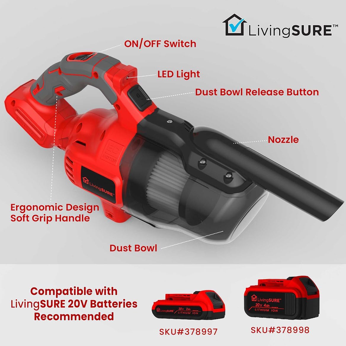 Cordless Handheld Vacuum Cleaner by LivingSURETM Lightweight and Rechargeable Handheld Powerful Vacuum Cleaner with Filter - Battery Not Included