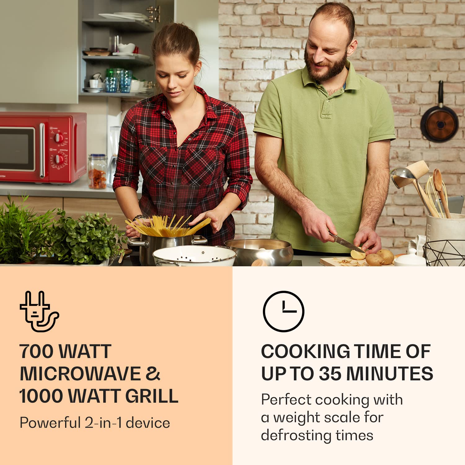 Klarstein Caroline - Freestanding Microwave Oven, 20L, 700/1000 W, Ø25.6 cm, 5 Power Levels, 3 Combined Functions, Stainless Steel Interior and Case, Retro Look, Red