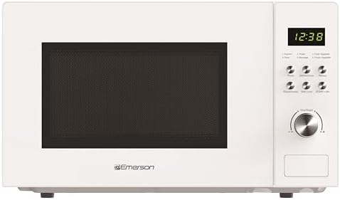 Emerson MW1101W Countertop Microwave Oven with Button Control, LED Display 1000W, 10 Power Levels, 6 Auto Menus, Glass Turntable and Child Safe Lock, 1.1 Cu. Ft., White